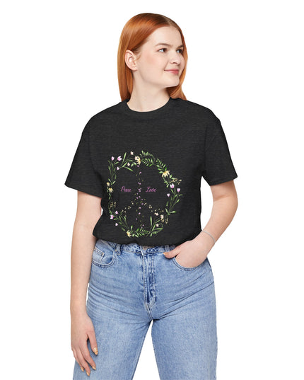 Hibiscus Hippie Boho Designed Floral Peace Sign T-Shirt — 'Peace & Love' in Multicolor Choice Tees