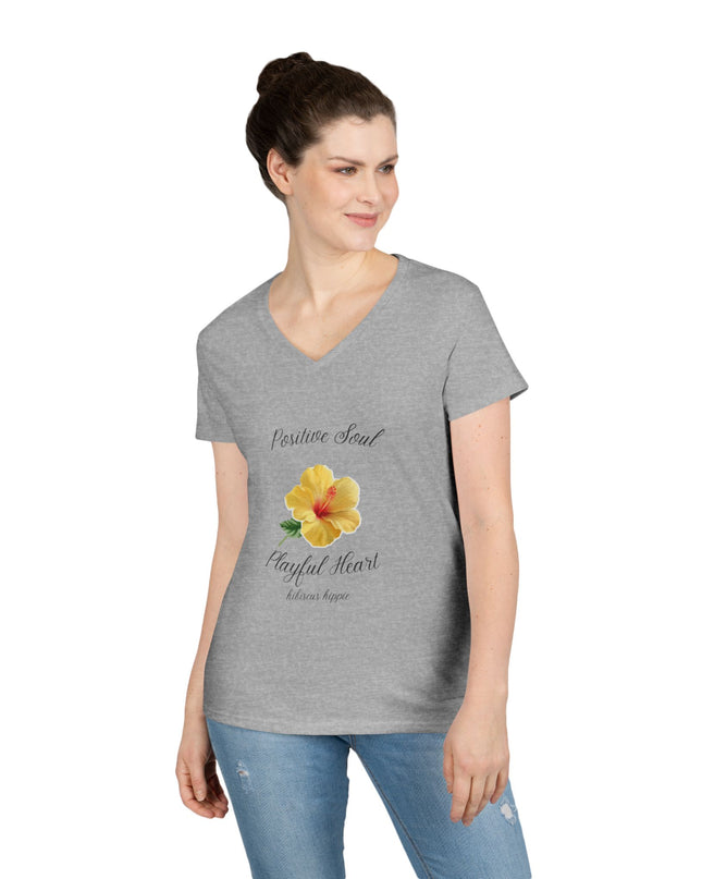 Ladies' V-Neck T-Shirt — "Positive Soul, Playful Heart" Yellow Floral Graphic