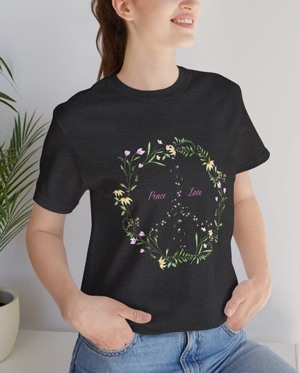 Hibiscus Hippie Boho Designed Floral Peace Sign T-Shirt — 'Peace & Love' in Multicolor Choice Tees