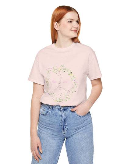 Hibiscus Hippie Boho Designed Floral Peace Sign T-Shirt — 'Peace & Love' in Multicolor Choice Tees
