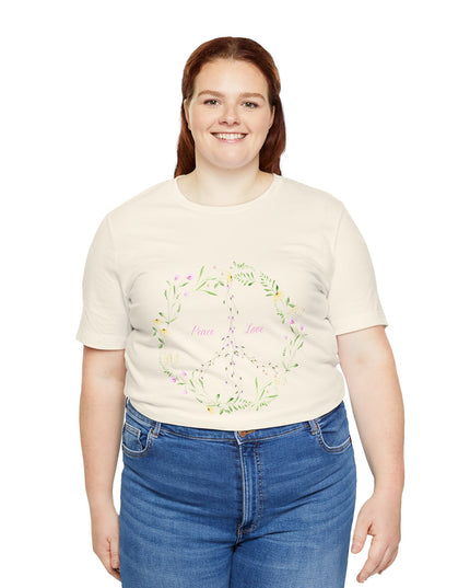 Hibiscus Hippie Boho Designed Floral Peace Sign T-Shirt — 'Peace & Love' in Multicolor Choice Tees