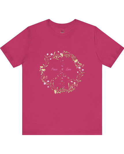 Hibiscus Hippie Boho Designed Floral Peace Sign T-Shirt — 'Peace & Love' in Multicolor Choice Tees