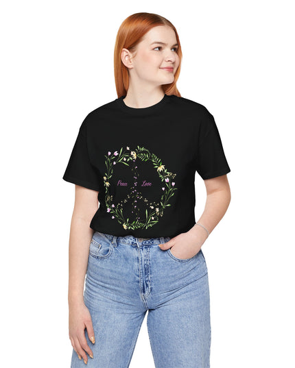 Hibiscus Hippie Boho Designed Floral Peace Sign T-Shirt — 'Peace & Love' in Multicolor Choice Tees