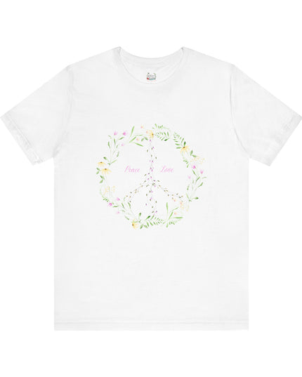Hibiscus Hippie Boho Designed Floral Peace Sign T-Shirt — 'Peace & Love' in Multicolor Choice Tees