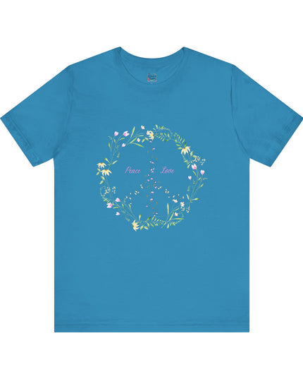 Hibiscus Hippie Boho Designed Floral Peace Sign T-Shirt — 'Peace & Love' in Multicolor Choice Tees