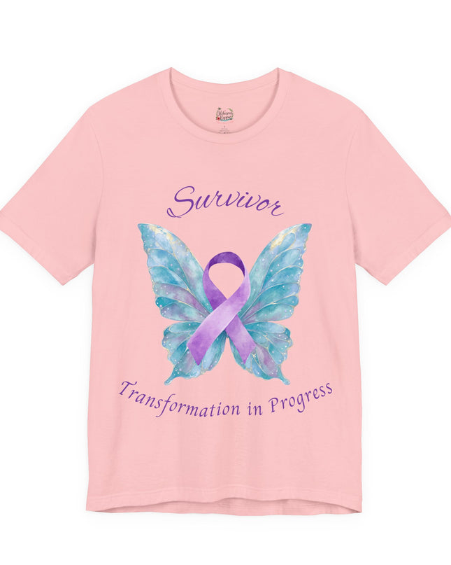 Domestic Violence Awareness Shirt | Survivor Teal and Purple Ribbon Butterfly Tee | Abuse Survivor Gift, Transformation in Progress Graphic T-Shirt, Empowering Healing Support Clothing