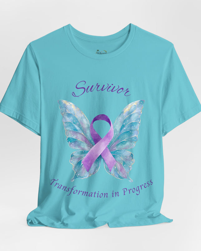 Domestic Violence Awareness Shirt | Survivor Teal and Purple Ribbon Butterfly Tee | Abuse Survivor Gift, Transformation in Progress Graphic T-Shirt, Empowering Healing Support Clothing