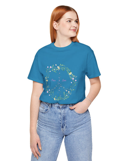 Hibiscus Hippie Boho Designed Floral Peace Sign T-Shirt — 'Peace & Love' in Multicolor Choice Tees