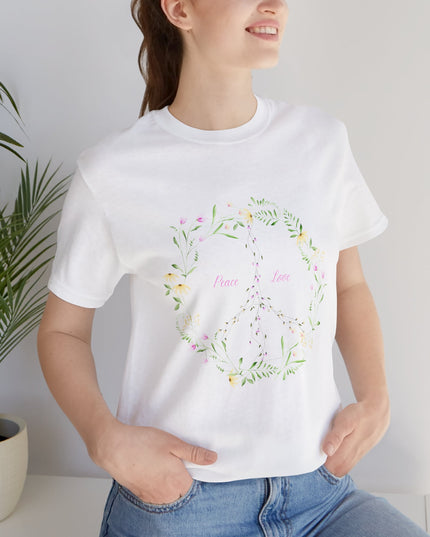 Hibiscus Hippie Boho Designed Floral Peace Sign T-Shirt — 'Peace & Love' in Multicolor Choice Tees