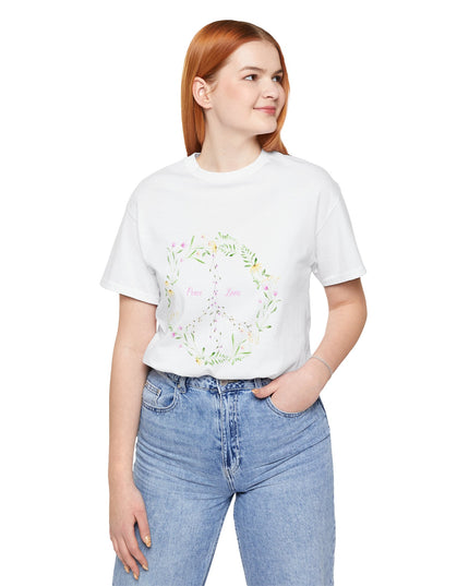 Hibiscus Hippie Boho Designed Floral Peace Sign T-Shirt — 'Peace & Love' in Multicolor Choice Tees