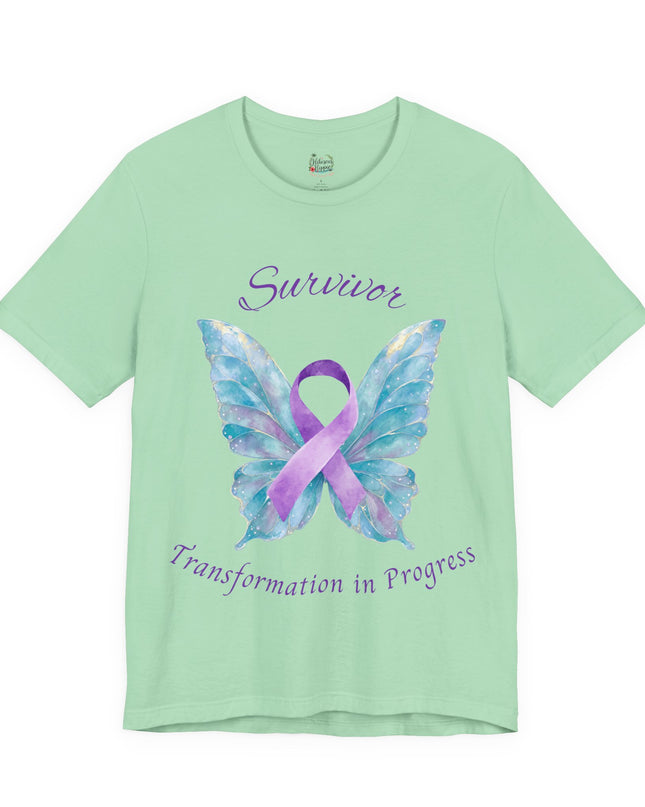 Domestic Violence Awareness Shirt | Survivor Teal and Purple Ribbon Butterfly Tee | Abuse Survivor Gift, Transformation in Progress Graphic T-Shirt, Empowering Healing Support Clothing