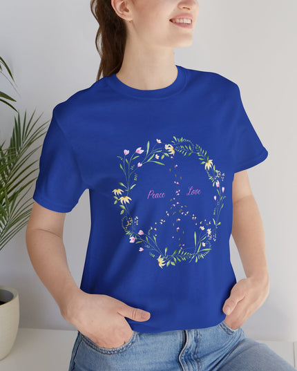 Hibiscus Hippie Boho Designed Floral Peace Sign T-Shirt — 'Peace & Love' in Multicolor Choice Tees