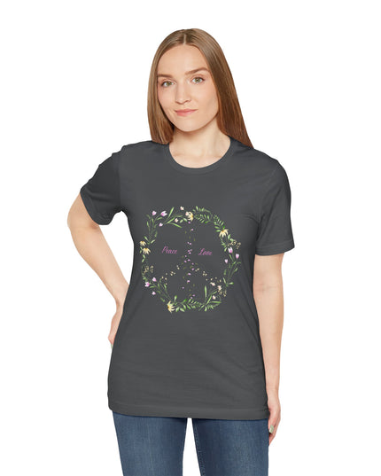 Hibiscus Hippie Boho Designed Floral Peace Sign T-Shirt — 'Peace & Love' in Multicolor Choice Tees