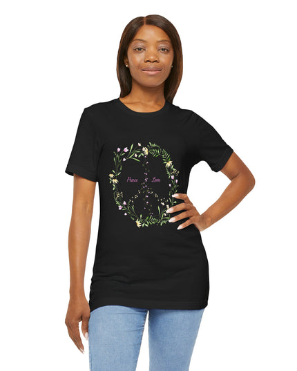 Hibiscus Hippie Boho Designed Floral Peace Sign T-Shirt — 'Peace & Love' in Multicolor Choice Tees