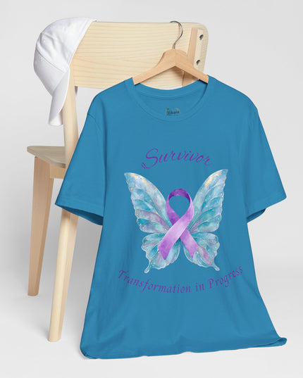 Domestic Violence Awareness Shirt | Survivor Teal and Purple Ribbon Butterfly Tee | Abuse Survivor Gift, Transformation in Progress Graphic T-Shirt, Empowering Healing Support Clothing