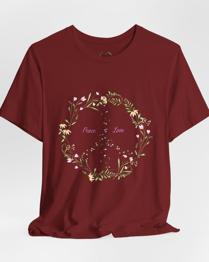 Hibiscus Hippie Boho Designed Floral Peace Sign T-Shirt — 'Peace & Love' in Multicolor Choice Tees