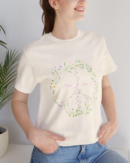 Hibiscus Hippie Boho Designed Floral Peace Sign T-Shirt — 'Peace & Love' in Multicolor Choice Tees