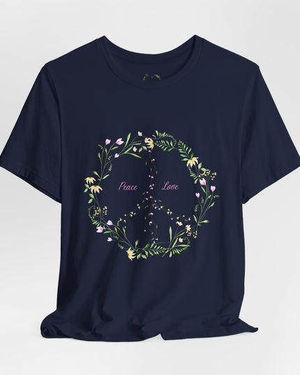Hibiscus Hippie Boho Designed Floral Peace Sign T-Shirt — 'Peace & Love' in Multicolor Choice Tees