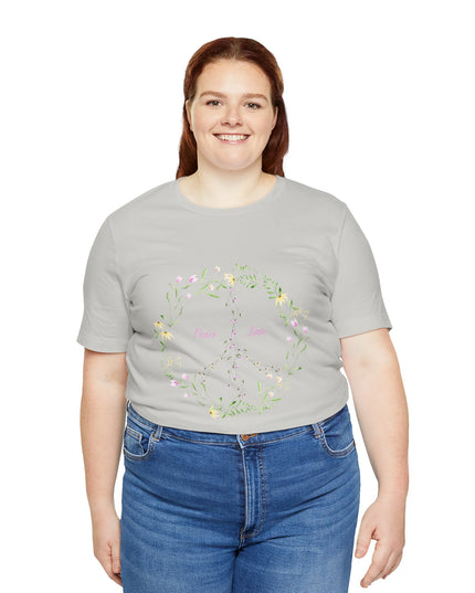 Hibiscus Hippie Boho Designed Floral Peace Sign T-Shirt — 'Peace & Love' in Multicolor Choice Tees