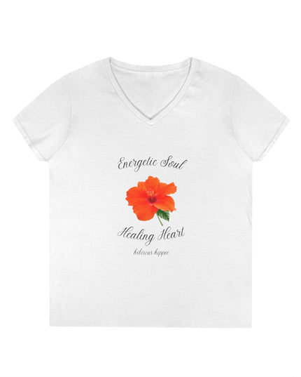 Ladies' V-Neck T-Shirt — "Energetic Soul, Healing Heart" Orange Floral Graphic