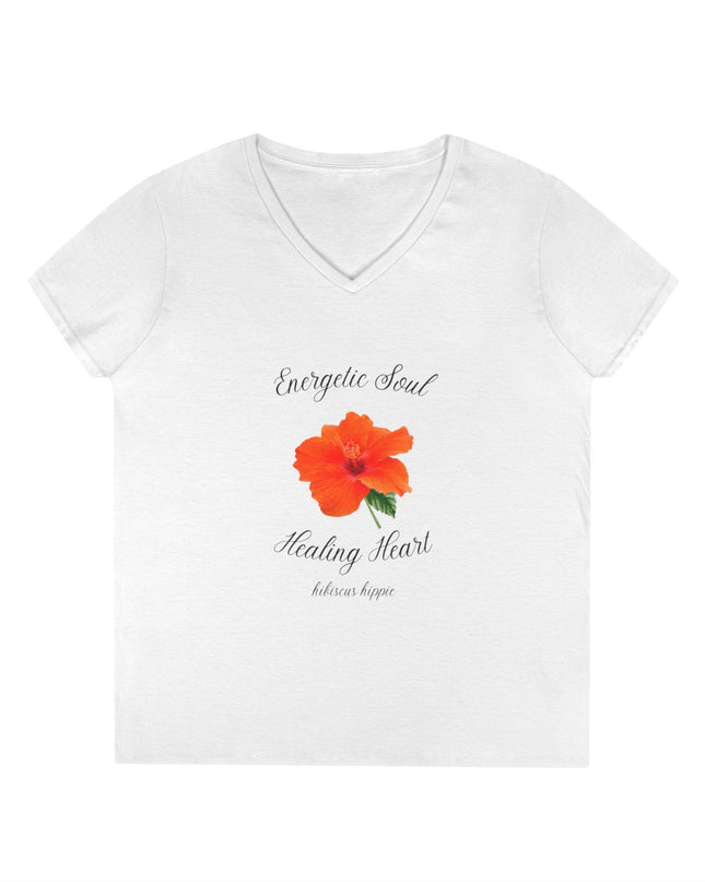 Ladies' V-Neck T-Shirt — "Energetic Soul, Healing Heart" Orange Floral Graphic
