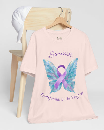 Domestic Violence Awareness Shirt | Survivor Teal and Purple Ribbon Butterfly Tee | Abuse Survivor Gift, Transformation in Progress Graphic T-Shirt, Empowering Healing Support Clothing