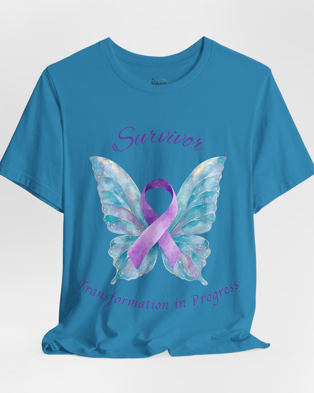 Domestic Violence Awareness Shirt | Survivor Teal and Purple Ribbon Butterfly Tee | Abuse Survivor Gift, Transformation in Progress Graphic T-Shirt, Empowering Healing Support Clothing