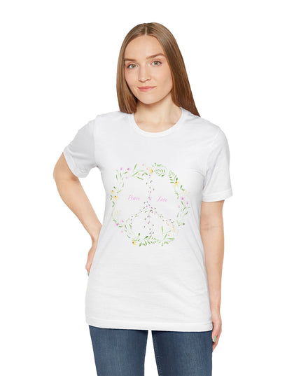 Hibiscus Hippie Boho Designed Floral Peace Sign T-Shirt — 'Peace & Love' in Multicolor Choice Tees