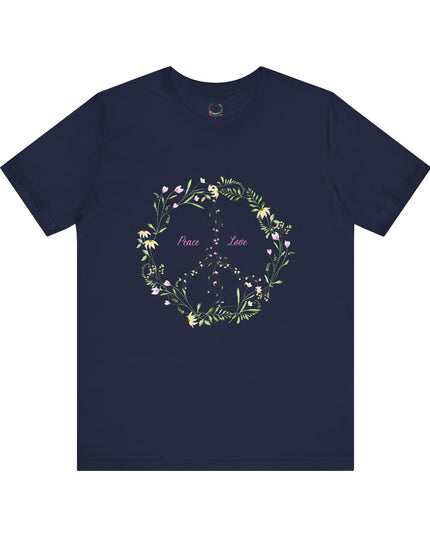 Hibiscus Hippie Boho Designed Floral Peace Sign T-Shirt — 'Peace & Love' in Multicolor Choice Tees