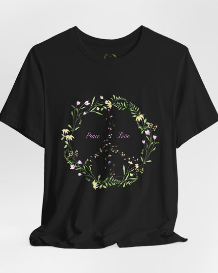 Hibiscus Hippie Boho Designed Floral Peace Sign T-Shirt — 'Peace & Love' in Multicolor Choice Tees