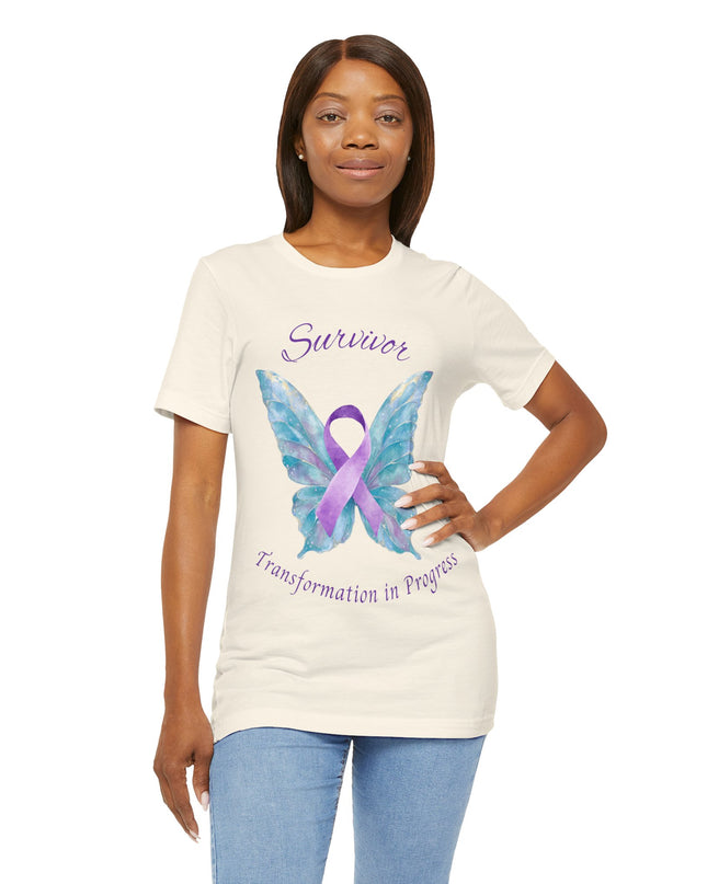 Domestic Violence Awareness Shirt | Survivor Teal and Purple Ribbon Butterfly Tee | Abuse Survivor Gift, Transformation in Progress Graphic T-Shirt, Empowering Healing Support Clothing