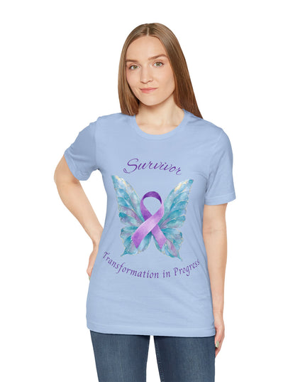 Domestic Violence Awareness Shirt | Survivor Teal and Purple Ribbon Butterfly Tee | Abuse Survivor Gift, Transformation in Progress Graphic T-Shirt, Empowering Healing Support Clothing