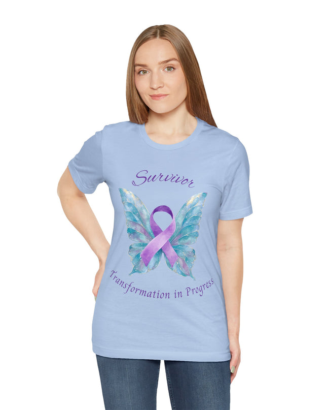 Domestic Violence Awareness Shirt | Survivor Teal and Purple Ribbon Butterfly Tee | Abuse Survivor Gift, Transformation in Progress Graphic T-Shirt, Empowering Healing Support Clothing