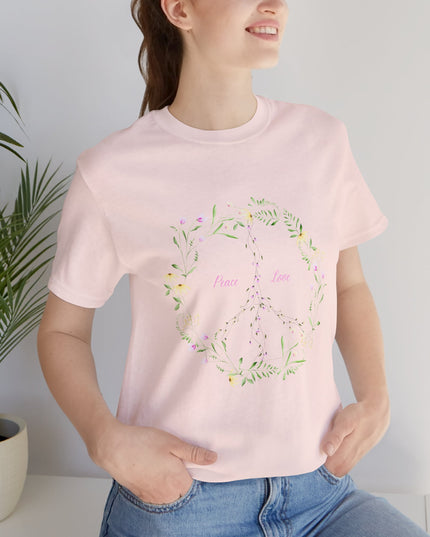 Hibiscus Hippie Boho Designed Floral Peace Sign T-Shirt — 'Peace & Love' in Multicolor Choice Tees