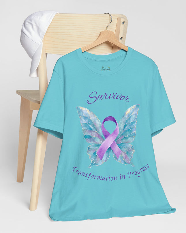 Domestic Violence Awareness Shirt | Survivor Teal and Purple Ribbon Butterfly Tee | Abuse Survivor Gift, Transformation in Progress Graphic T-Shirt, Empowering Healing Support Clothing