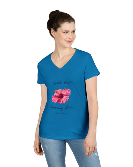 Ladies' V-Neck T-Shirt — "Gentle Soul, Nurturing Heart" Pink Floral Graphic