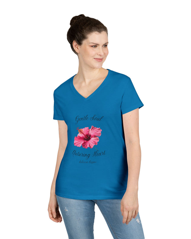 Ladies' V-Neck T-Shirt — "Gentle Soul, Nurturing Heart" Pink Floral Graphic