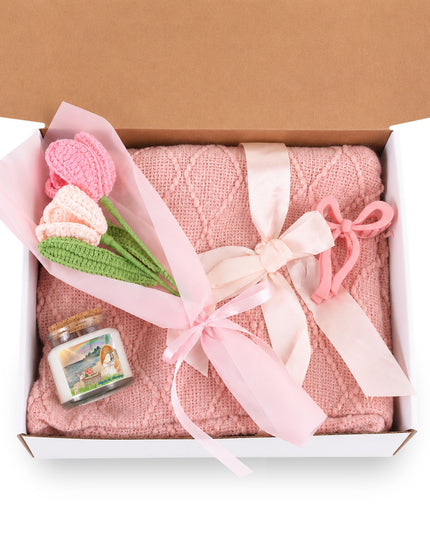 4-Piece Blush & Bloom Gift Set Lavendar & Sage Hibiscus Hippie Designed Mystical Mornings Candle, Pink Blanket, Crochet Bouquet, Bow Clip