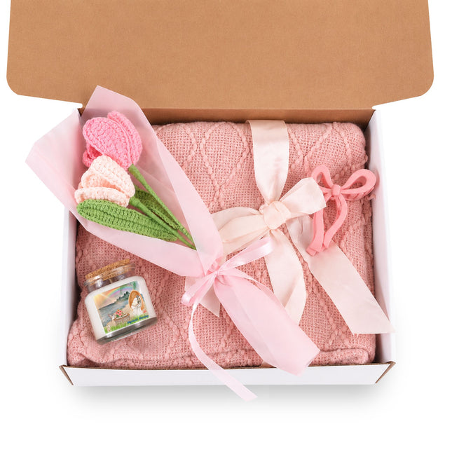 4-Piece Blush & Bloom Gift Set Lavendar & Sage Hibiscus Hippie Designed Mystical Mornings Candle, Pink Blanket, Crochet Bouquet, Bow Clip