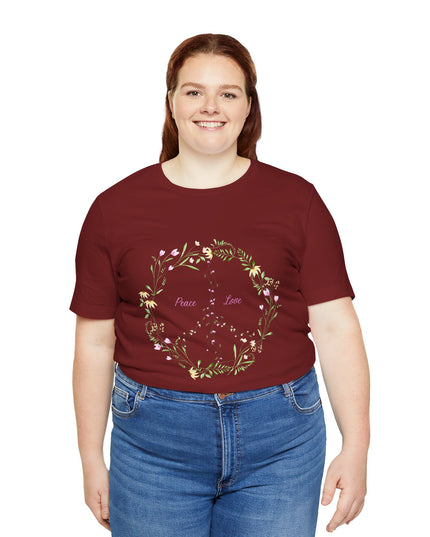 Hibiscus Hippie Boho Designed Floral Peace Sign T-Shirt — 'Peace & Love' in Multicolor Choice Tees