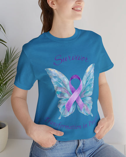Domestic Violence Awareness Shirt | Survivor Teal and Purple Ribbon Butterfly Tee | Abuse Survivor Gift, Transformation in Progress Graphic T-Shirt, Empowering Healing Support Clothing
