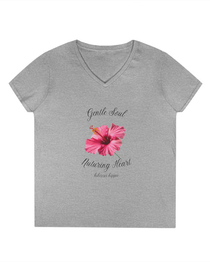 Ladies' V-Neck T-Shirt — "Gentle Soul, Nurturing Heart" Pink Floral Graphic