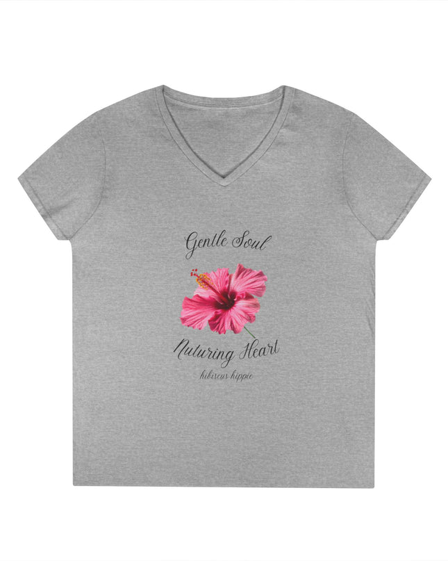 Ladies' V-Neck T-Shirt — "Gentle Soul, Nurturing Heart" Pink Floral Graphic