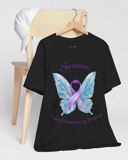 Domestic Violence Awareness Shirt | Survivor Teal and Purple Ribbon Butterfly Tee | Abuse Survivor Gift, Transformation in Progress Graphic T-Shirt, Empowering Healing Support Clothing