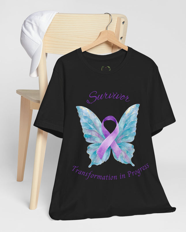 Domestic Violence Awareness Shirt | Survivor Teal and Purple Ribbon Butterfly Tee | Abuse Survivor Gift, Transformation in Progress Graphic T-Shirt, Empowering Healing Support Clothing