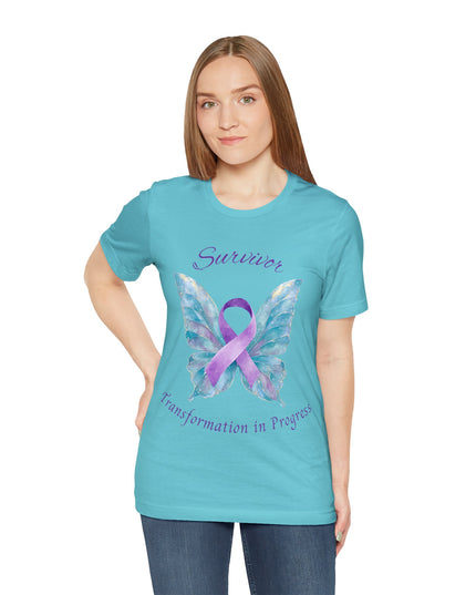 Domestic Violence Awareness Shirt | Survivor Teal and Purple Ribbon Butterfly Tee | Abuse Survivor Gift, Transformation in Progress Graphic T-Shirt, Empowering Healing Support Clothing