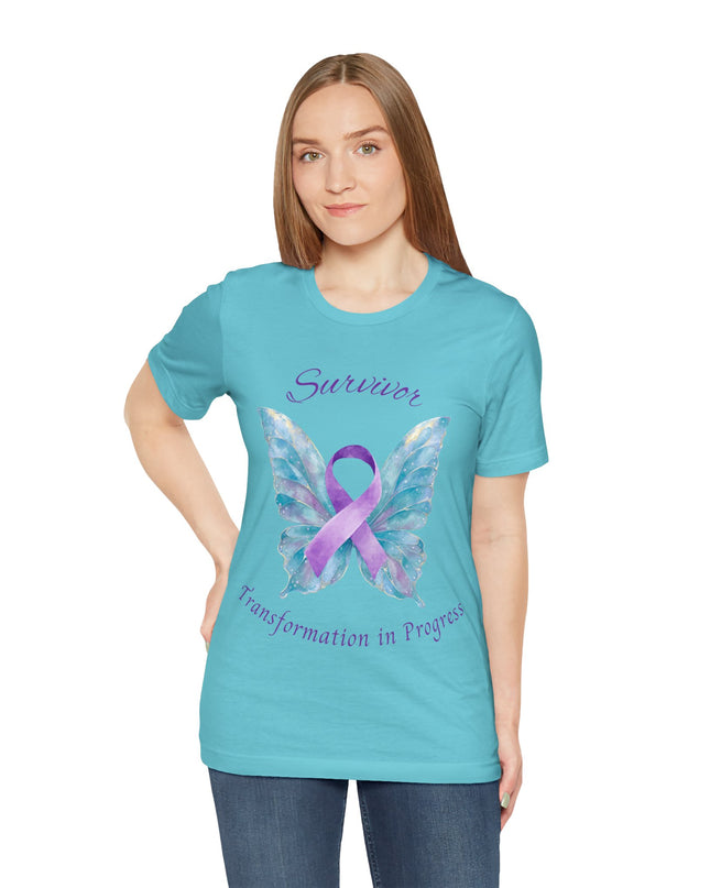 Domestic Violence Awareness Shirt | Survivor Teal and Purple Ribbon Butterfly Tee | Abuse Survivor Gift, Transformation in Progress Graphic T-Shirt, Empowering Healing Support Clothing