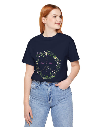 Hibiscus Hippie Boho Designed Floral Peace Sign T-Shirt — 'Peace & Love' in Multicolor Choice Tees