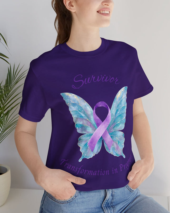 Domestic Violence Awareness Shirt | Survivor Teal and Purple Ribbon Butterfly Tee | Abuse Survivor Gift, Transformation in Progress Graphic T-Shirt, Empowering Healing Support Clothing