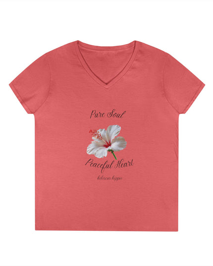 Ladies' V-Neck T-Shirt — "Pure Soul, Peaceful Heart" White Floral Graphic